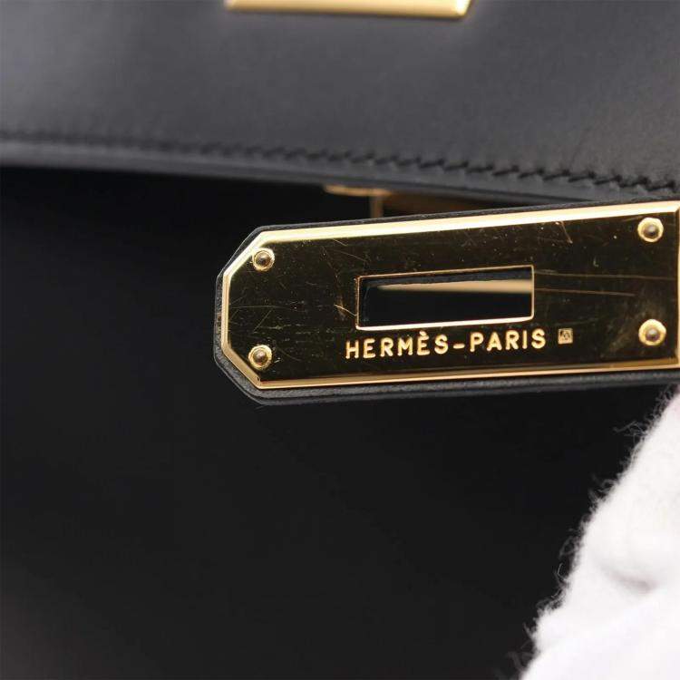 Pre Owned Hermes Kelly 28 Black Box Calf Leather Top Handle Bag