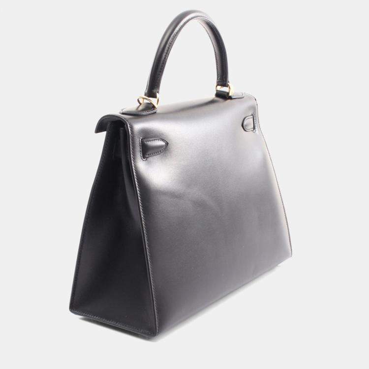 Pre Owned Hermes Kelly 28 Black Box Calf Leather Top Handle Bag