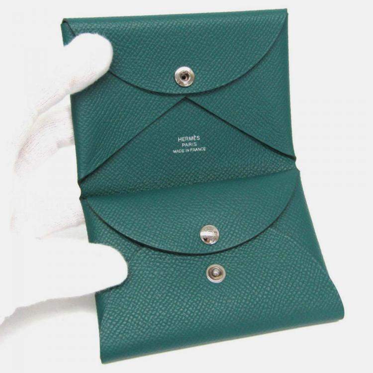 Pre Owned Hermes Calvi Duo Green Epsom Leather Card Case 