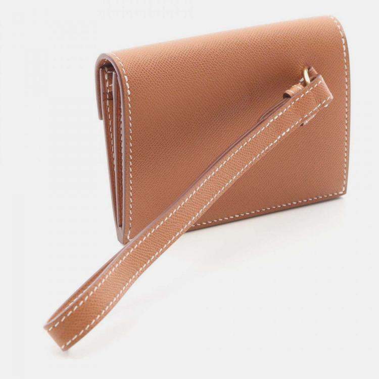 Pre Owned Hermes Kelly Pocket Slim Gold Coin Case Brown  Veau Madame Wallet 