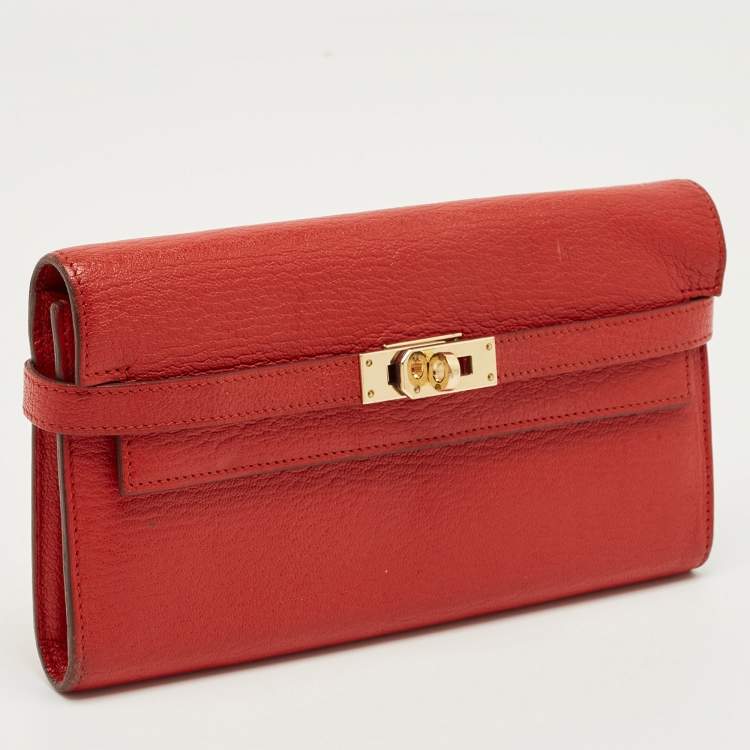 Pre Owned Hermes Rouge Casaque Chevre Mysore Leather Kelly Longue Wallet
