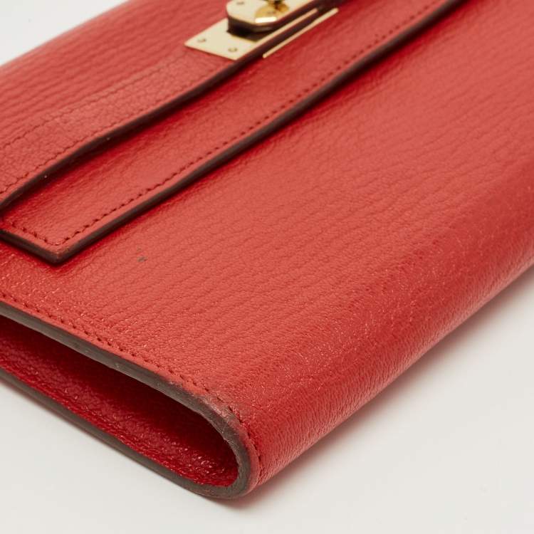 Pre Owned Hermes Rouge Casaque Chevre Mysore Leather Kelly Longue Wallet