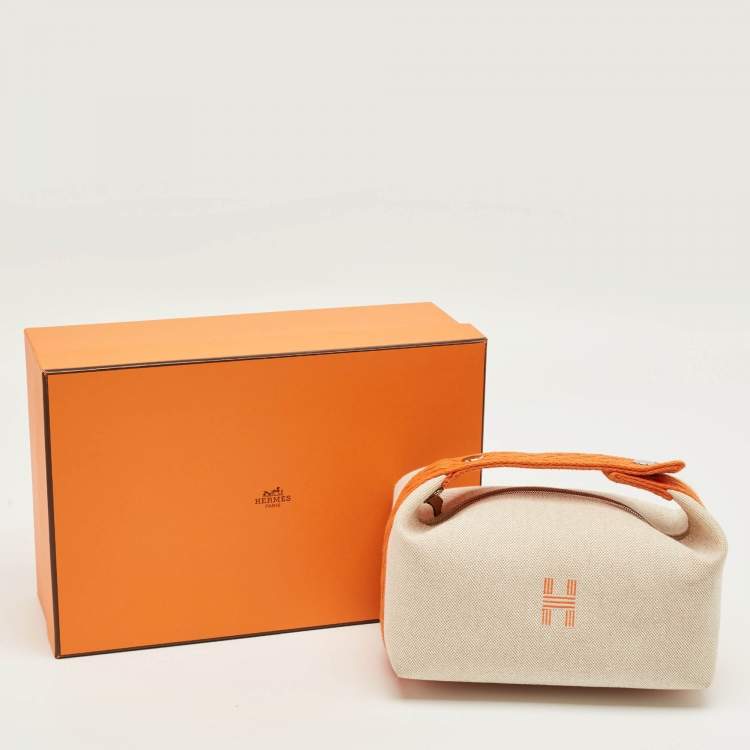 Pre Owned Hermes Natural/Orange Canvas Small Bride-a-Brac Pouch