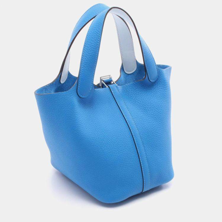 Pre Owned Hermes Picotin Lock 18 Blue Hydra Taurillon Clemence Leather Shoulder Bag
