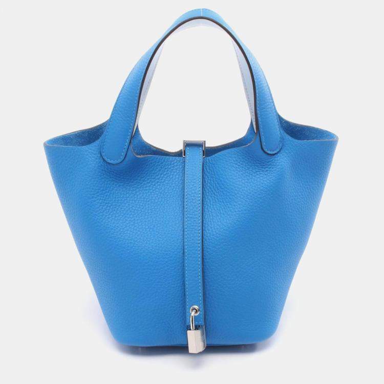 Pre Owned Hermes Picotin Lock 18 Blue Hydra Taurillon Clemence Leather Shoulder Bag
