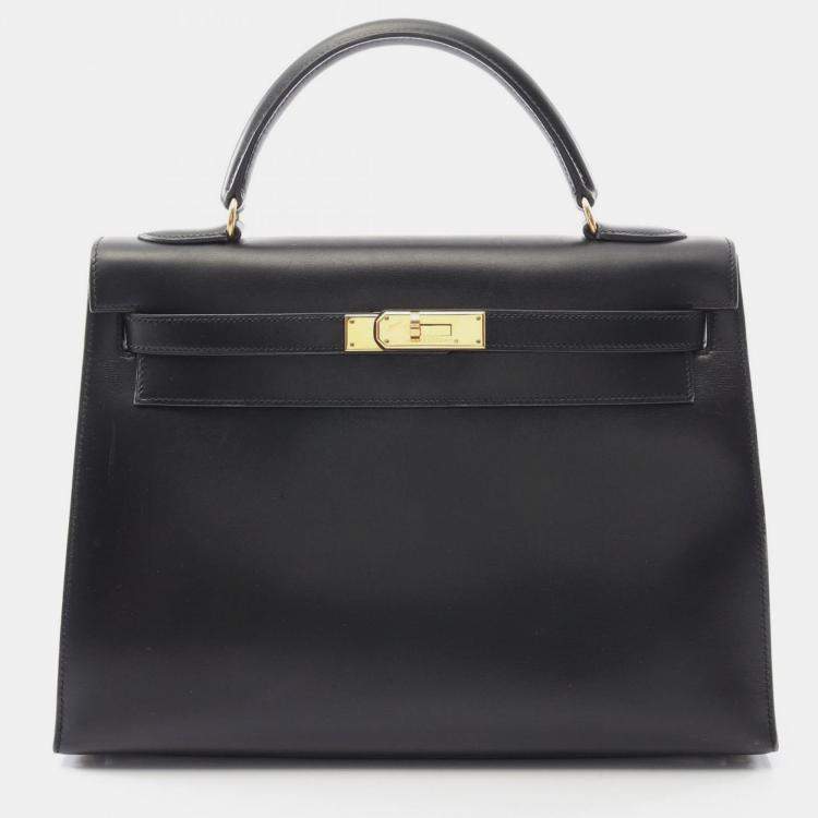 Pre Owned Hermes Kelly 32 Black Box Calf Leather Tote Bag