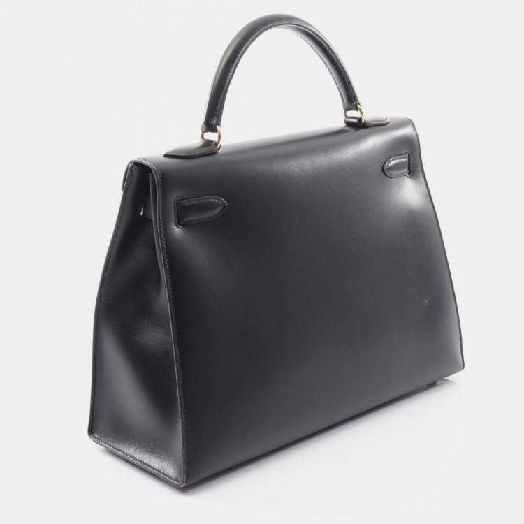Pre Owned Hermes Kelly 32 Black Box Calf Leather Tote Bag