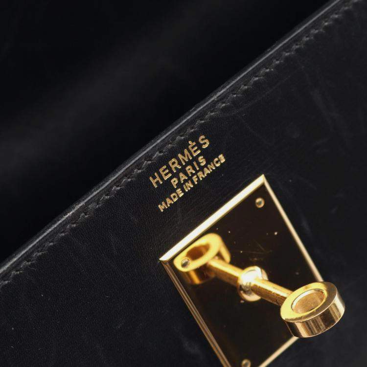 Pre Owned Hermes Kelly 32 Black Box Calf Leather Tote Bag