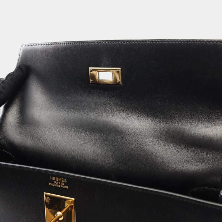 Pre Owned Hermes Kelly 32 Black Box Calf Leather Tote Bag