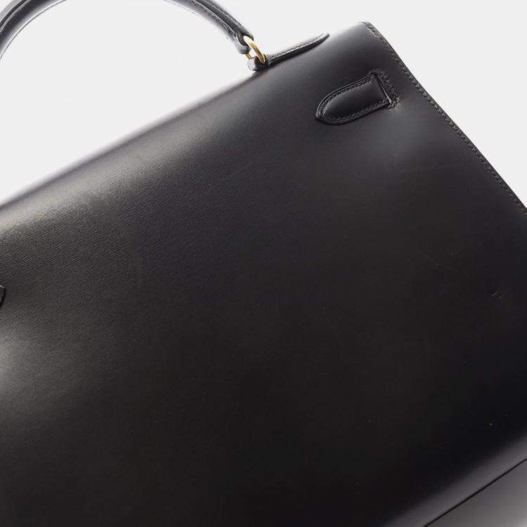 Pre Owned Hermes Kelly 32 Black Box Calf Leather Tote Bag