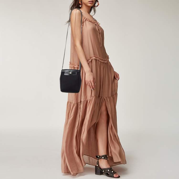 Pre Owned Hermès Black/Beige Toile and Vache Hunter Leather 2-in-1 Herbag TPM Bag