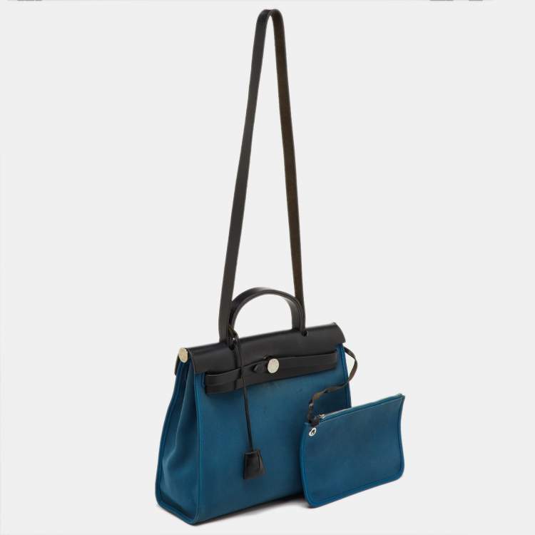 Pre Owned Hermès Bleu Frida/Black Toile Canvas and Vache Hunter Herbag Zip 31 Bag