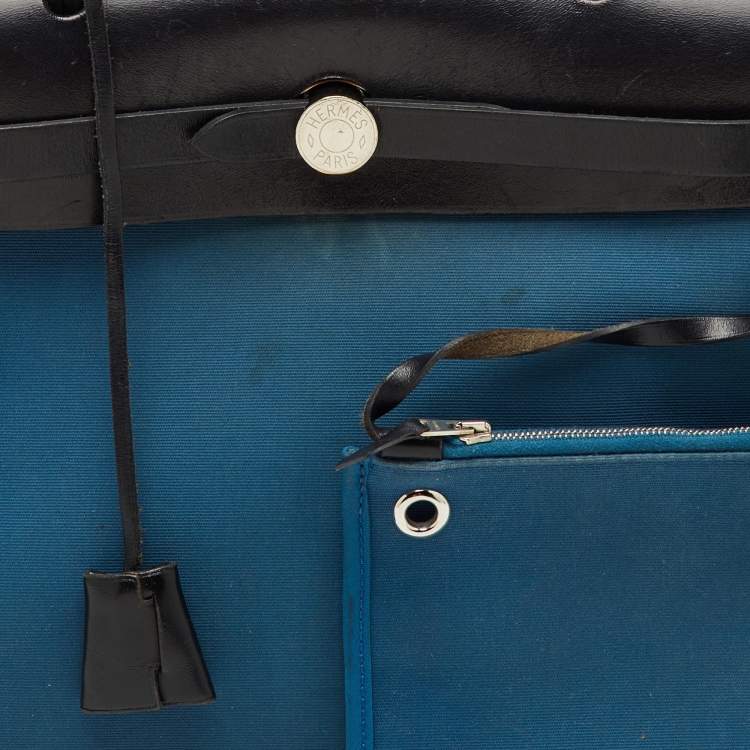 Pre Owned Hermès Bleu Frida/Black Toile Canvas and Vache Hunter Herbag Zip 31 Bag