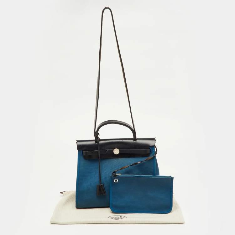 Pre Owned Hermès Bleu Frida/Black Toile Canvas and Vache Hunter Herbag Zip 31 Bag