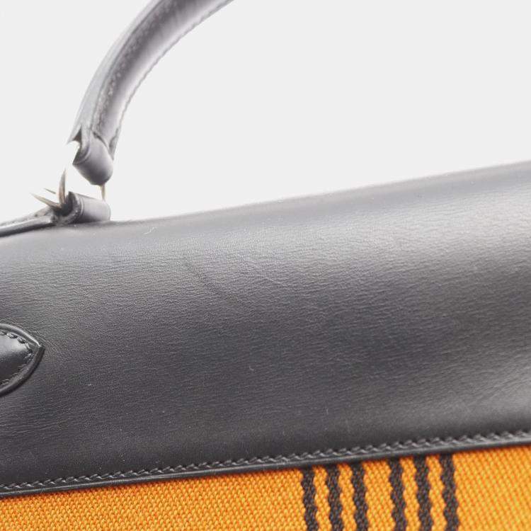 ممل وكة مسبقًا Hermes Kelly 28 Black Orange Box Calf Leather Toile Potamos Shoulder Bag