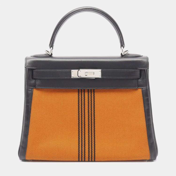 مملوكة مسبقًا Hermes Kelly 28 Black Orange Box Calf Leather Toile Potamos Shoulder Bag