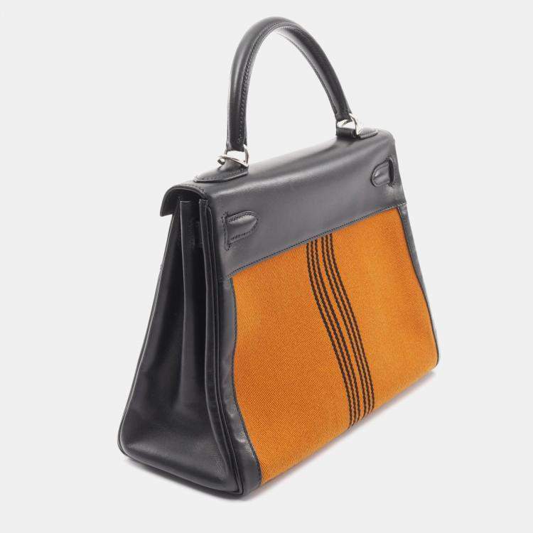 مملوكة مسبقًا Hermes Kelly 28 Black Orange Box Calf Leather Toile Potamos Shoulder Bag