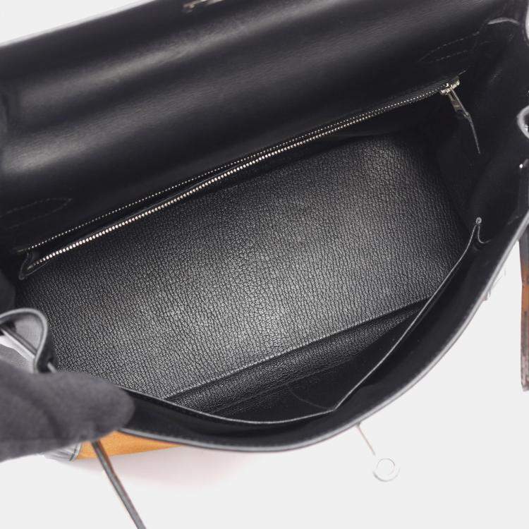 مملوكة مسبقًا Hermes Kelly 28 Black Orange Box Calf Leather Toile Potamos Shoulder Bag