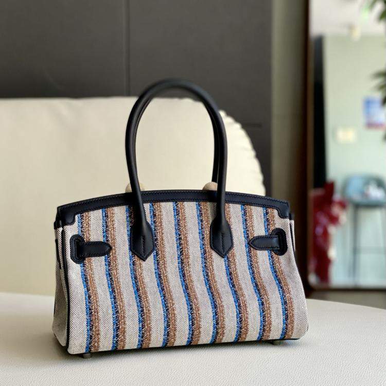 Pre Owned Hermes Shoulder Birkin 29 Black Canvas with Striped Embroidery Palladium Hardware