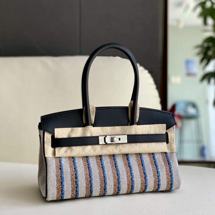 Pre Owned Hermes Shoulder Birkin 29 Black Canvas with Striped Embroidery Palladium Hardware