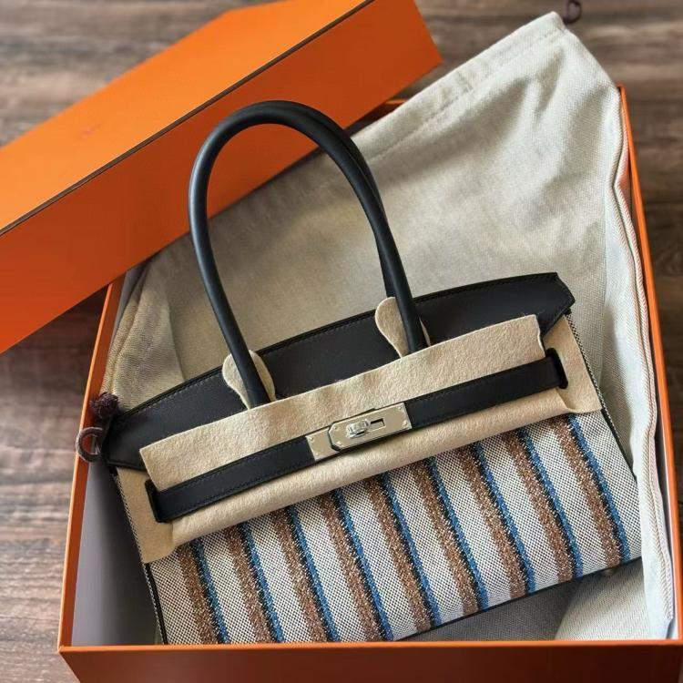 Pre Owned Hermes Shoulder Birkin 29 Black Canvas with Striped Embroidery Palladium Hardware