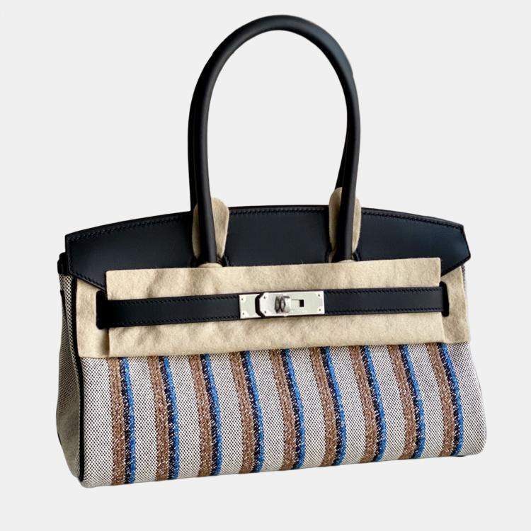 Pre Owned Hermes Shoulder Birkin 29 Black Canvas with Striped Embroidery Palladium Hardware