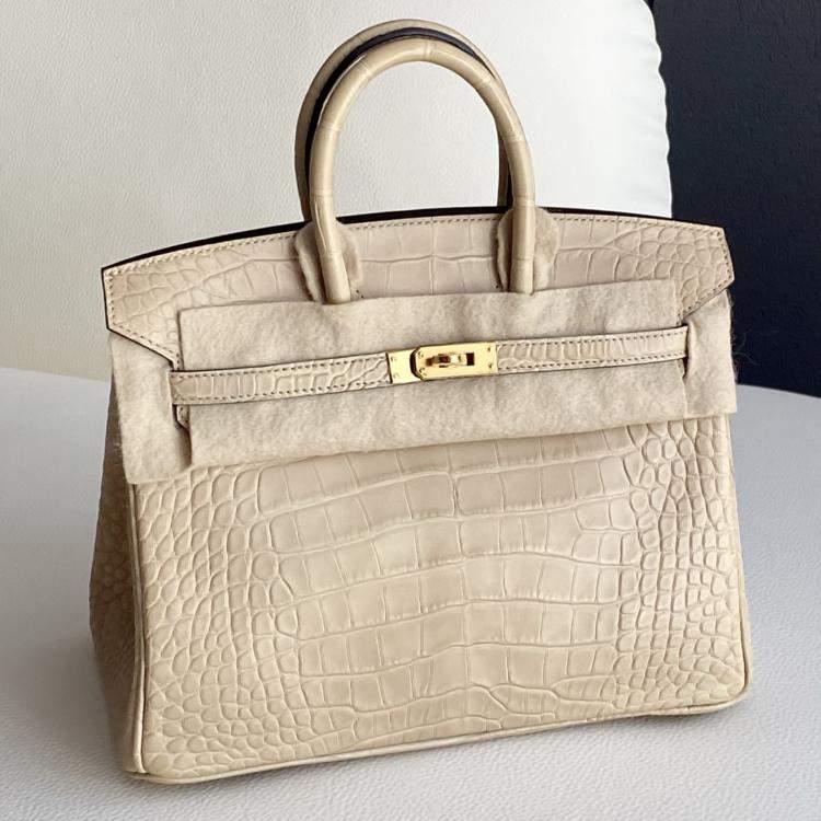 Pre Owned Hermes Birkin 25 Trench Gray Matte Crocodile Gold Hardware