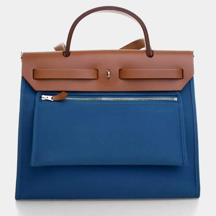 Pre Owned Hermes Bleu Zanzibar Toile H Herbag Zip 31