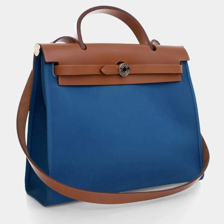 Pre Owned Hermes Bleu Zanzibar Toile H Herbag Zip 31