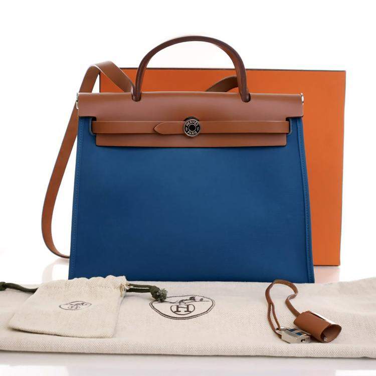 Pre Owned Hermes Bleu Zanzibar Toile H Herbag Zip 31