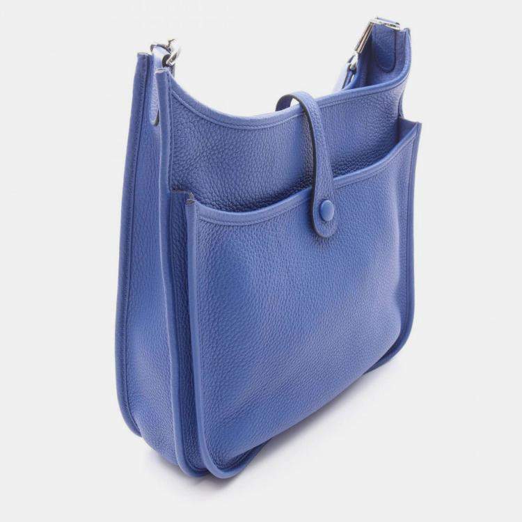 Pre Owned Hermes Evelyn 3 Trois PM Blue  Taurillon Clemence Leather Shoulder Bag 