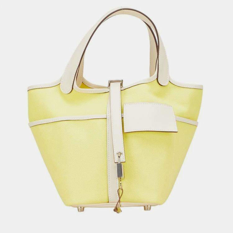 Pre Owned Hermes Picotin Lock Cargo 20 Yellow Ivory Jaune Citron Nata  Swift And Toile Goelan Handbag 