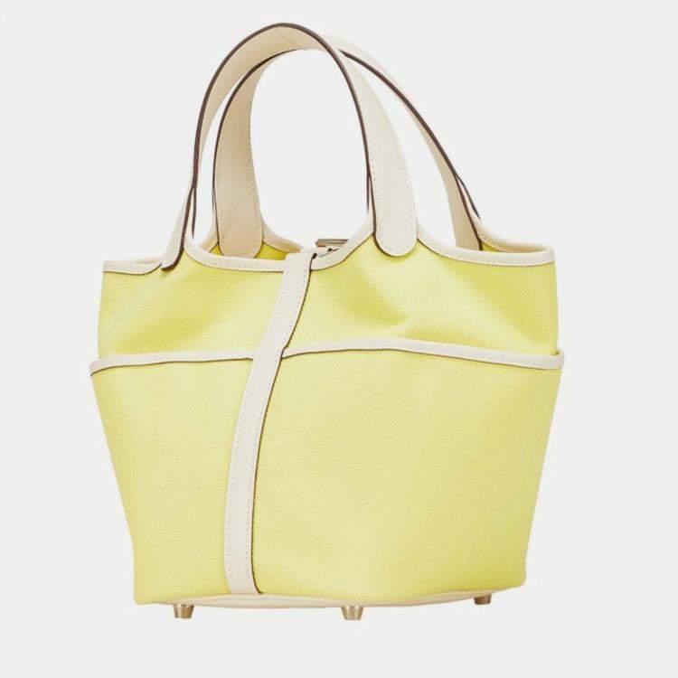 Pre Owned Hermes Picotin Lock Cargo 20 Yellow Ivory Jaune Citron Nata  Swift And Toile Goelan Handbag 