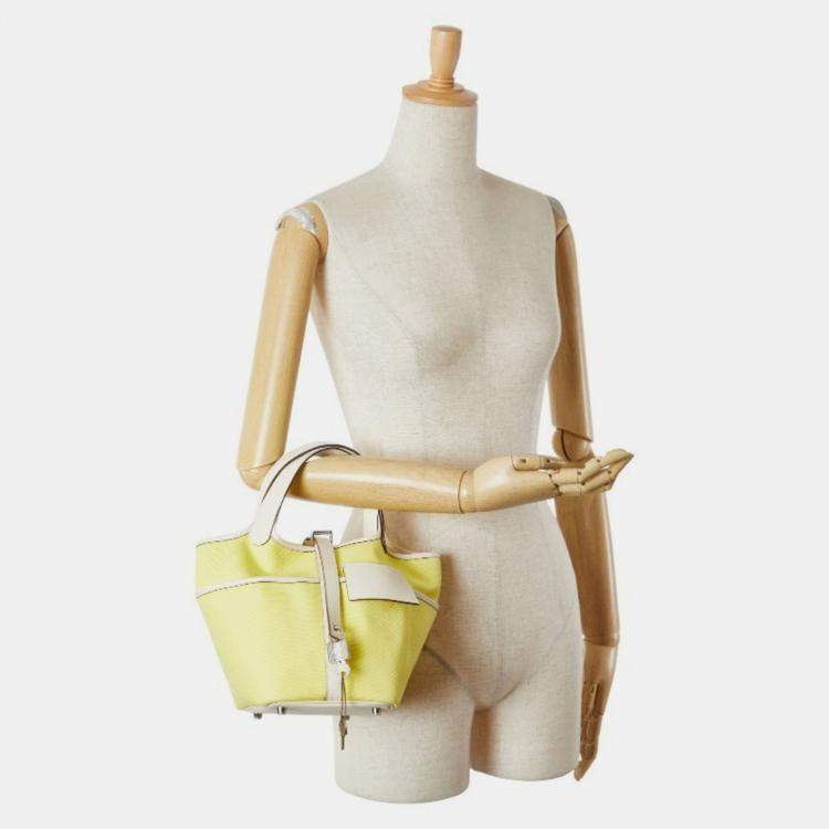 Pre Owned Hermes Picotin Lock Cargo 20 Yellow Ivory Jaune Citron Nata  Swift And Toile Goelan Handbag 