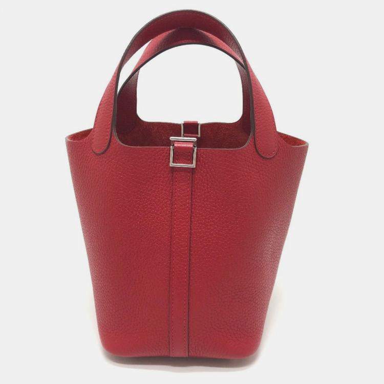 Pre Owned Hermes Picotin Lock 18 18/Handbag Taurillon Clemence Leather Rouge Cazac Red