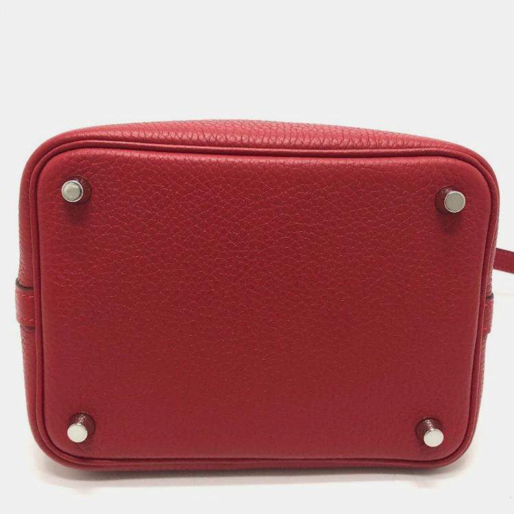 Pre Owned Hermes Picotin Lock 18 18/Handbag Taurillon Clemence Leather Rouge Cazac Red