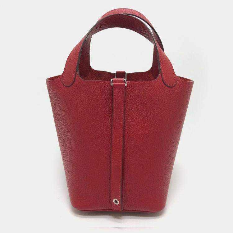Pre Owned Hermes Picotin Lock 18 18/Handbag Taurillon Clemence Leather Rouge Cazac Red