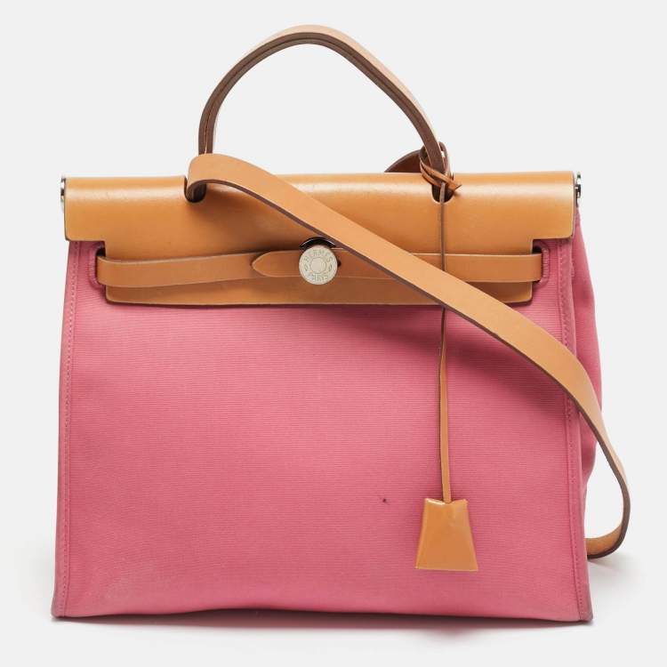 Pre Owned Hermes Herbag Zip 31 Tosca/Natural Canvas and Leather Bag