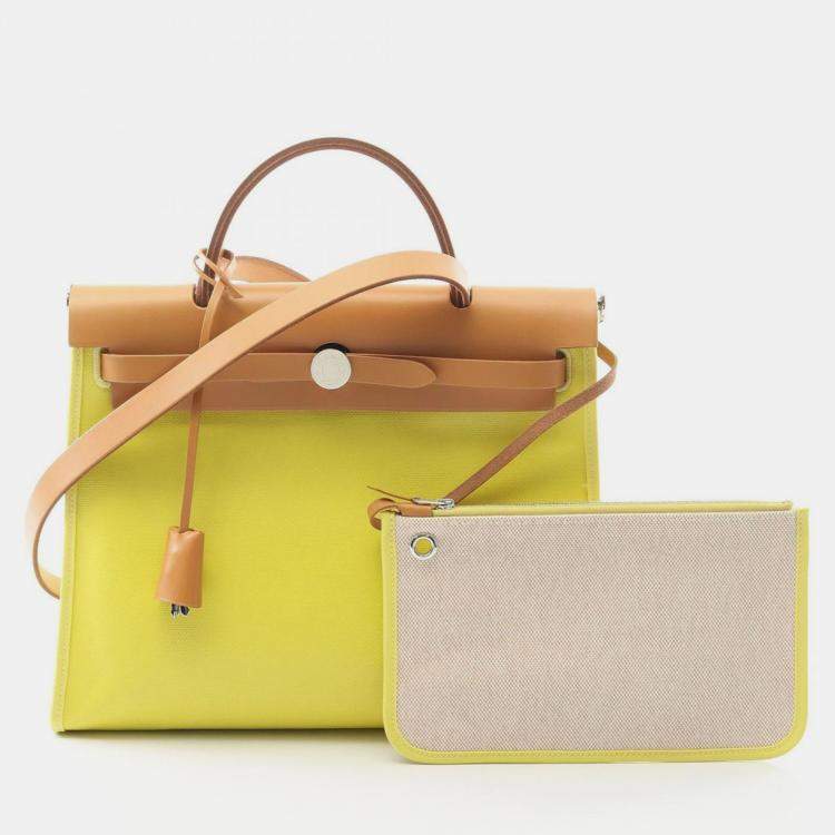 Pre Owned Hermes Herbag Zip 31 Yellow Toile H Canvas Leather Shoulder Bag