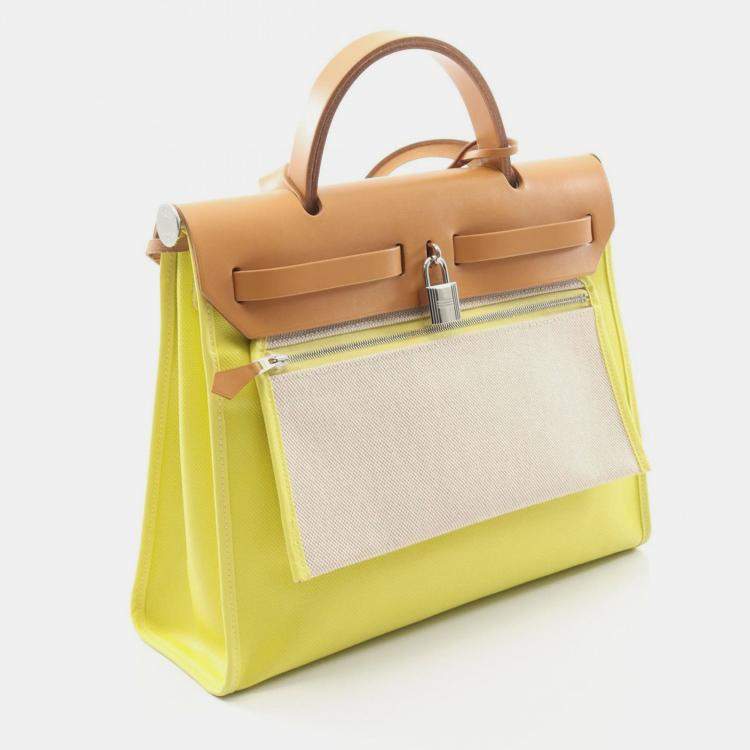Pre Owned Hermes Herbag Zip 31 Yellow Toile H Canvas Leather Shoulder Bag