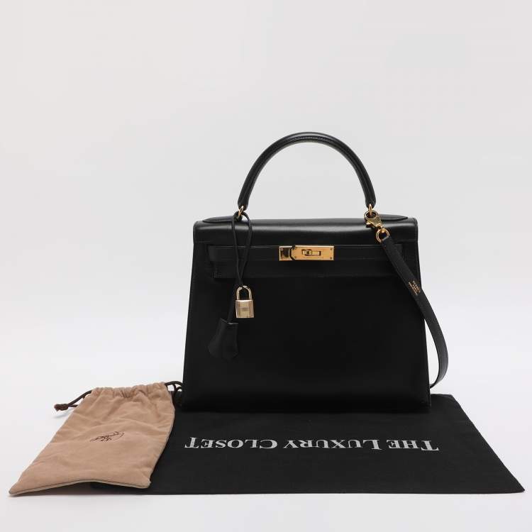 Pre Owned Hermes Kelly Sellier 28 Gold Finish Black Box Calf Leather Bag