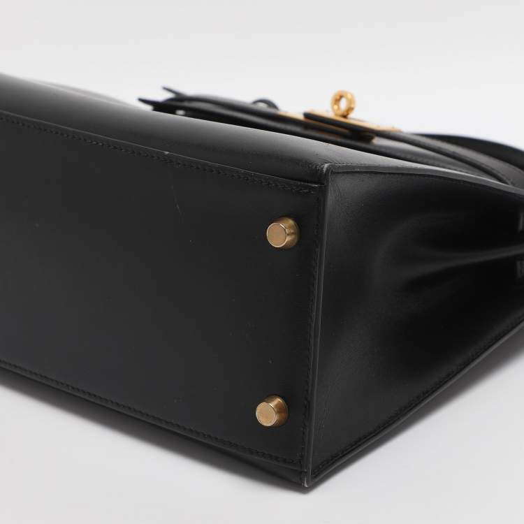 Pre Owned Hermes Kelly Sellier 28 Gold Finish Black Box Calf Leather Bag