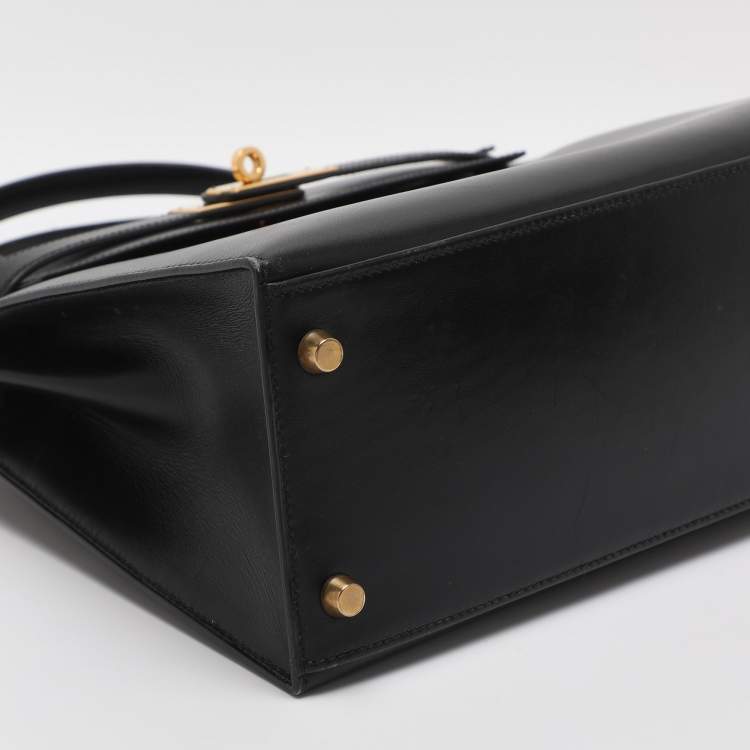 Pre Owned Hermes Kelly Sellier 28 Gold Finish Black Box Calf Leather Bag
