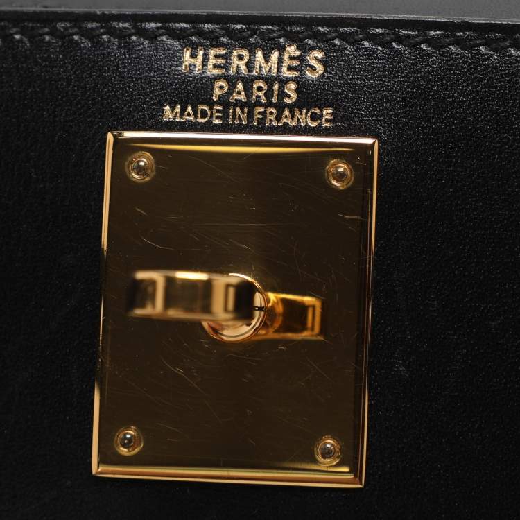 Pre Owned Hermes Kelly Sellier 28 Gold Finish Black Box Calf Leather Bag
