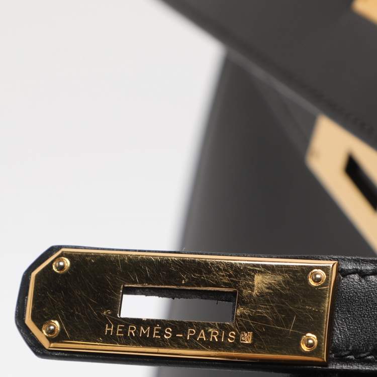 Pre Owned Hermes Kelly Sellier 28 Gold Finish Black Box Calf Leather Bag