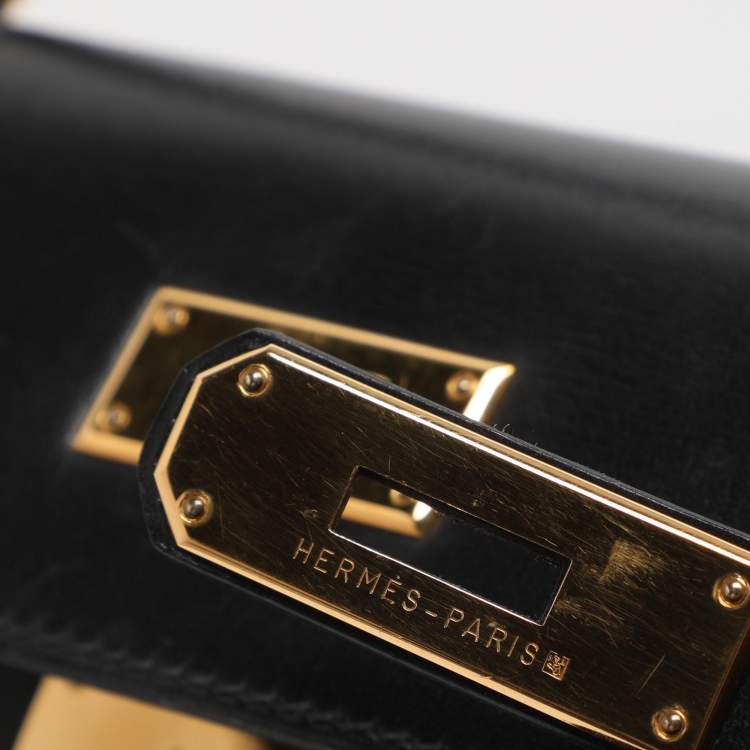 Pre Owned Hermes Kelly Sellier 28 Gold Finish Black Box Calf Leather Bag