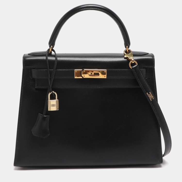 Pre Owned Hermes Kelly Sellier 28 Gold Finish Black Box Calf Leather Bag