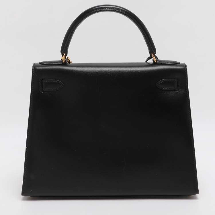Pre Owned Hermes Kelly Sellier 28 Gold Finish Black Box Calf Leather Bag