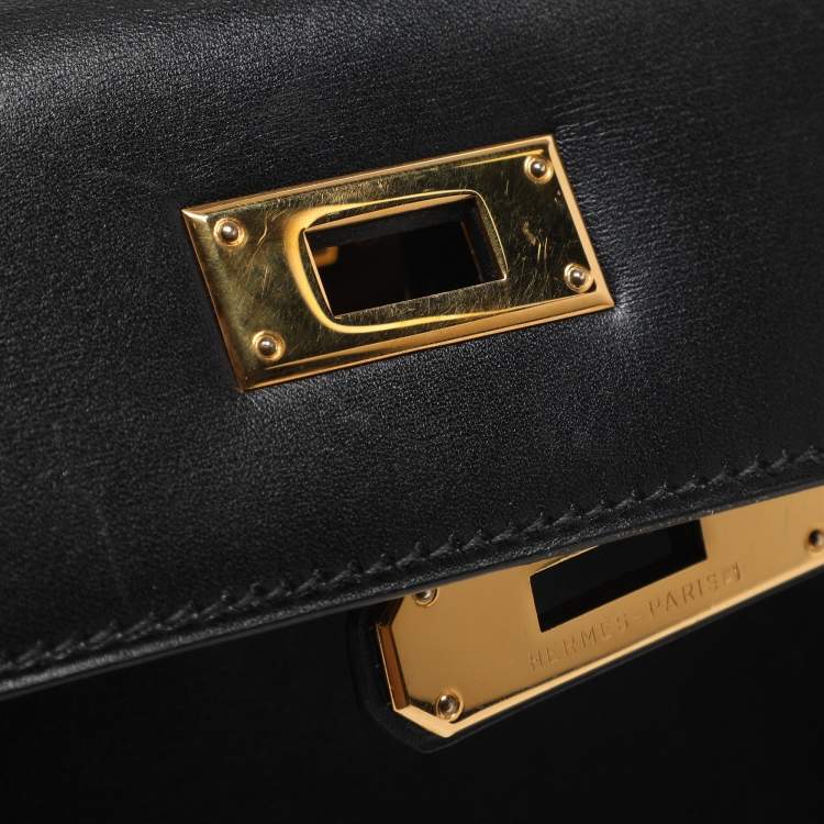 Pre Owned Hermes Kelly Sellier 28 Gold Finish Black Box Calf Leather Bag
