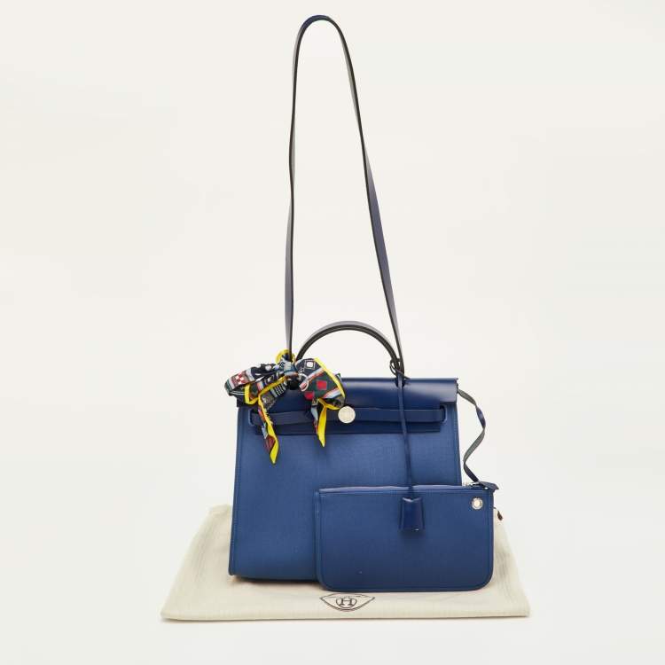 Pre Owned Hermes Herbag Zip 31 Mykonos/Bleu Saphir Canvas and Vache Hunter Leather Bag